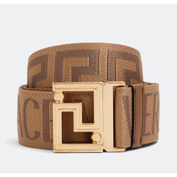 NWT Versace All-Over Logo Reversible Gold Buckle Brown Greca Ribbon Belt $425 - Picture 3 of 9
